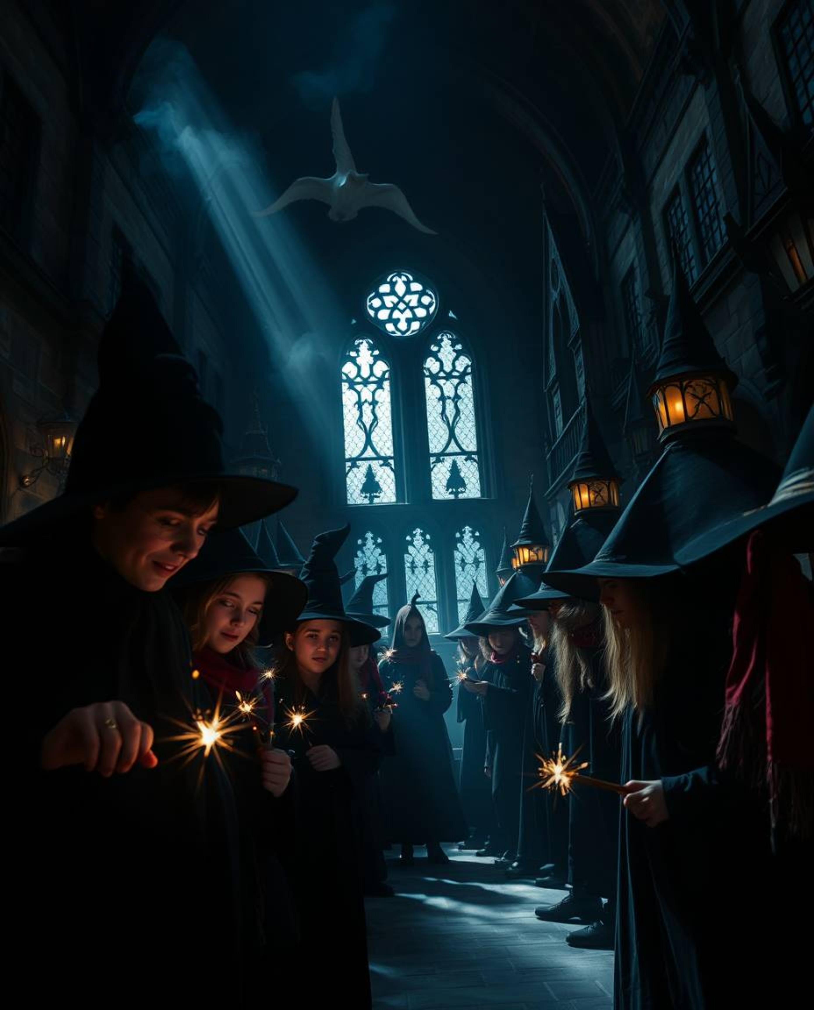 Experience the magic! A captivating close-up reveals a high-contrast scene within a magical school, teeming with young wizard