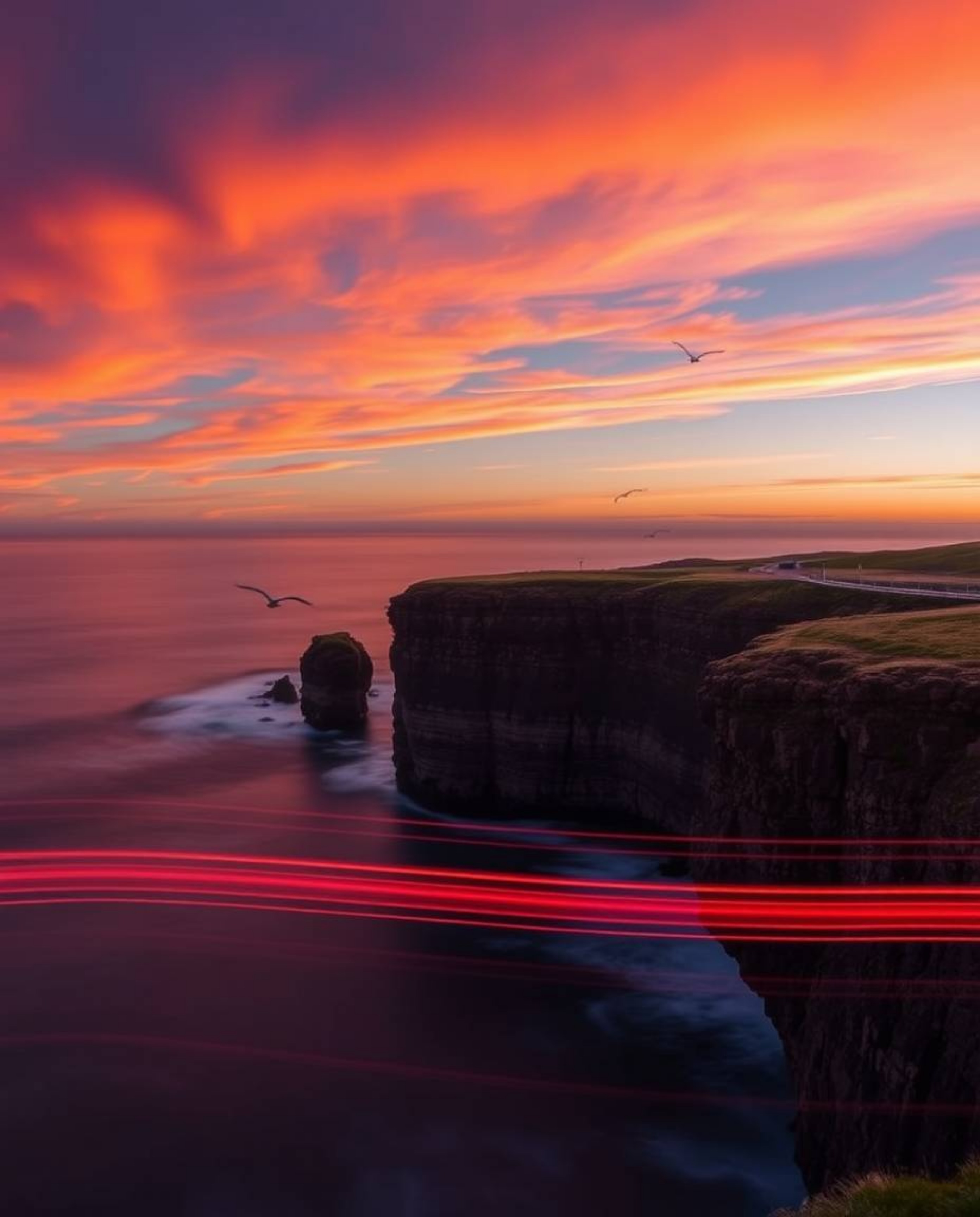 This is a long exposure photograph that captures a sunset over a coastal cliff, with the graceful motion of soaring birds. Th