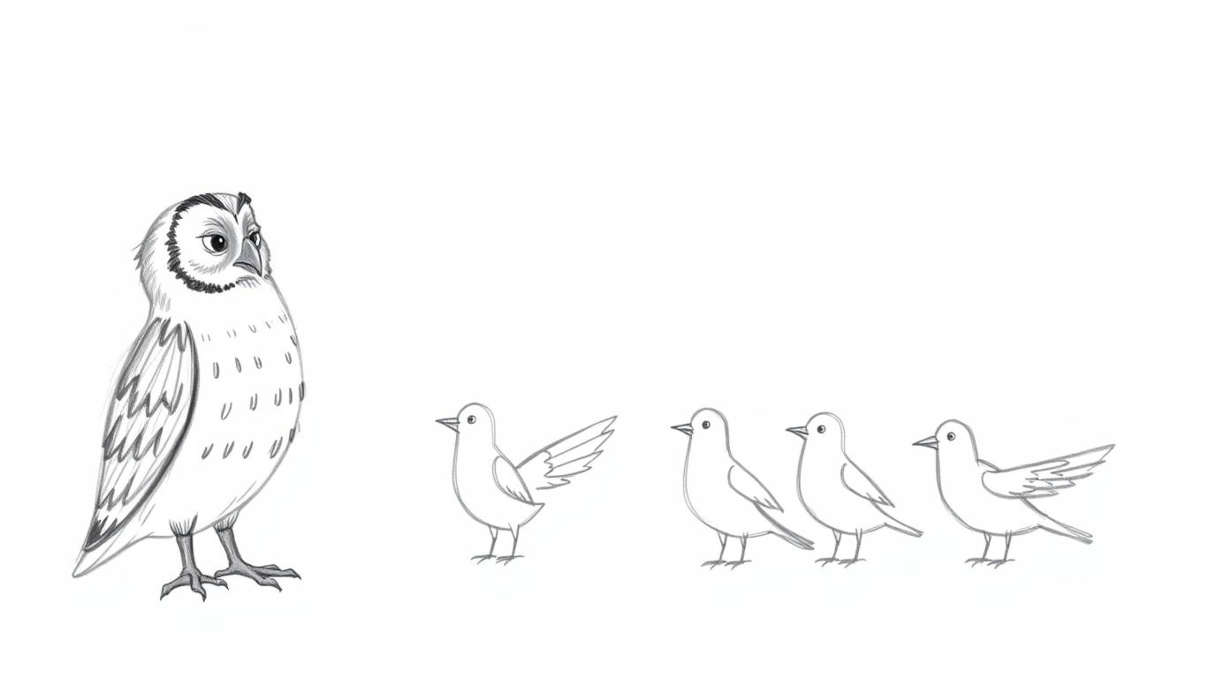 A charming hand-drawn sketch in a Pixar style depicts a blind owl passionately instructing a group of birds on how to fly. Ea