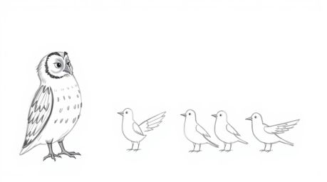A charming hand-drawn sketch in a Pixar style depicts a blind owl passionately instructing a group of birds on how to fly. Ea