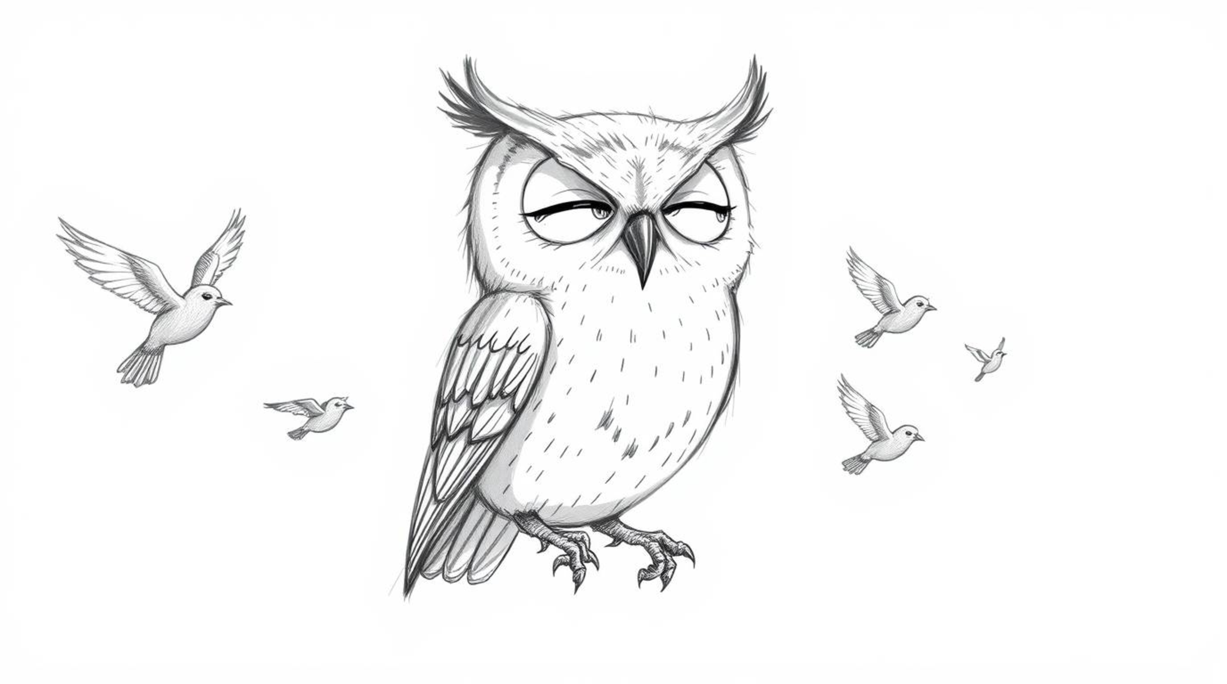 A heartwarming Pixar-style hand-drawn sketch showcases a blind owl, its large, expressive eyes closed in deep concentration. 