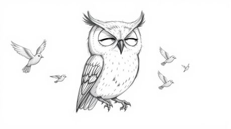 A heartwarming Pixar-style hand-drawn sketch showcases a blind owl, its large, expressive eyes closed in deep concentration. 