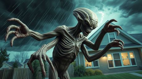 A dynamic and surreal portrayal of a wrinkled, multi-armed alien inhabiting a suburban house during intense weather. This dre