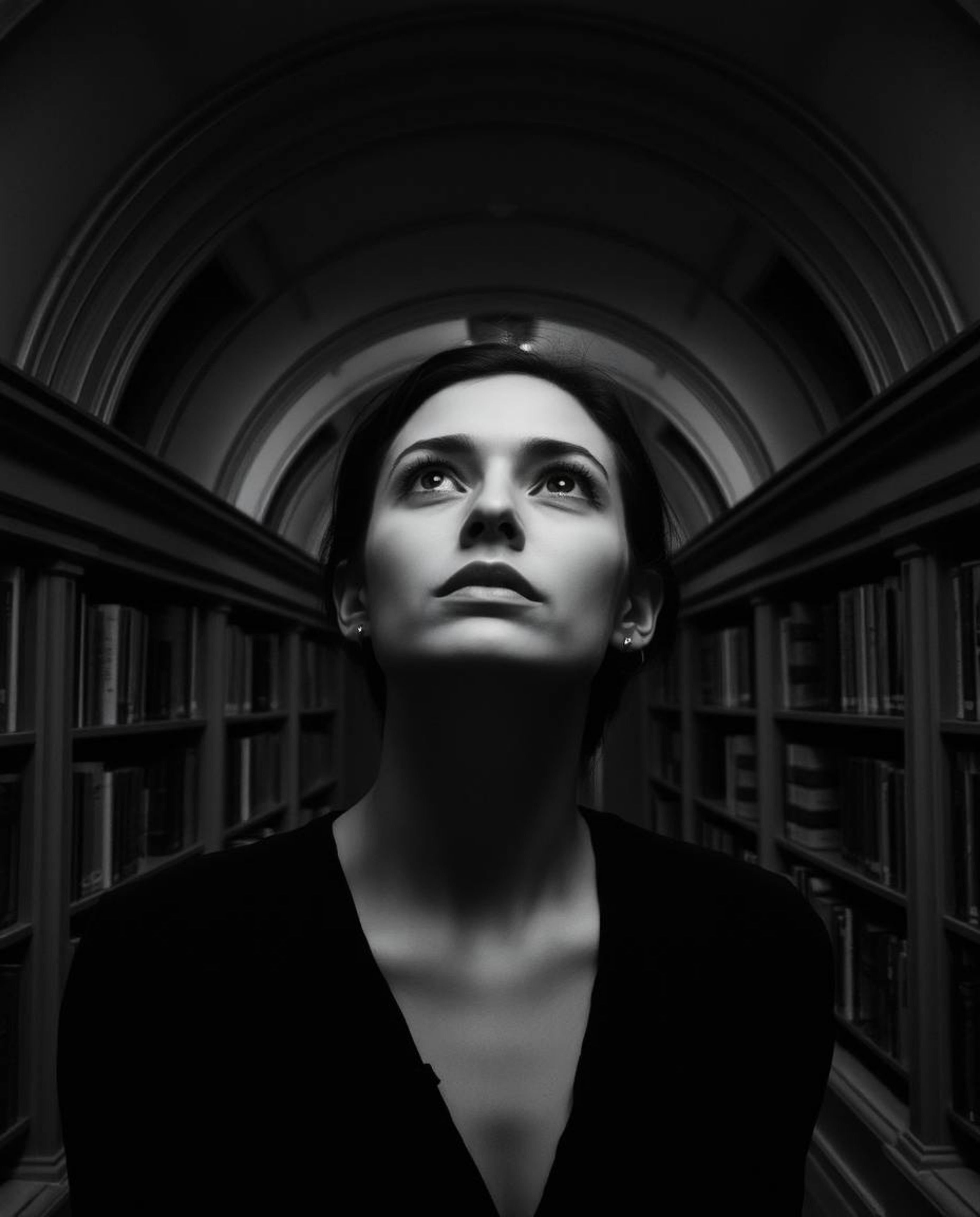 A classic black and white image captures a person with a neutral skin tone in a contemplative state, discovering a hidden und