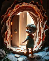 A captivating image of a layered papier-mâché sculpture depicting a child's discovery of a magical backyard portal. The artw