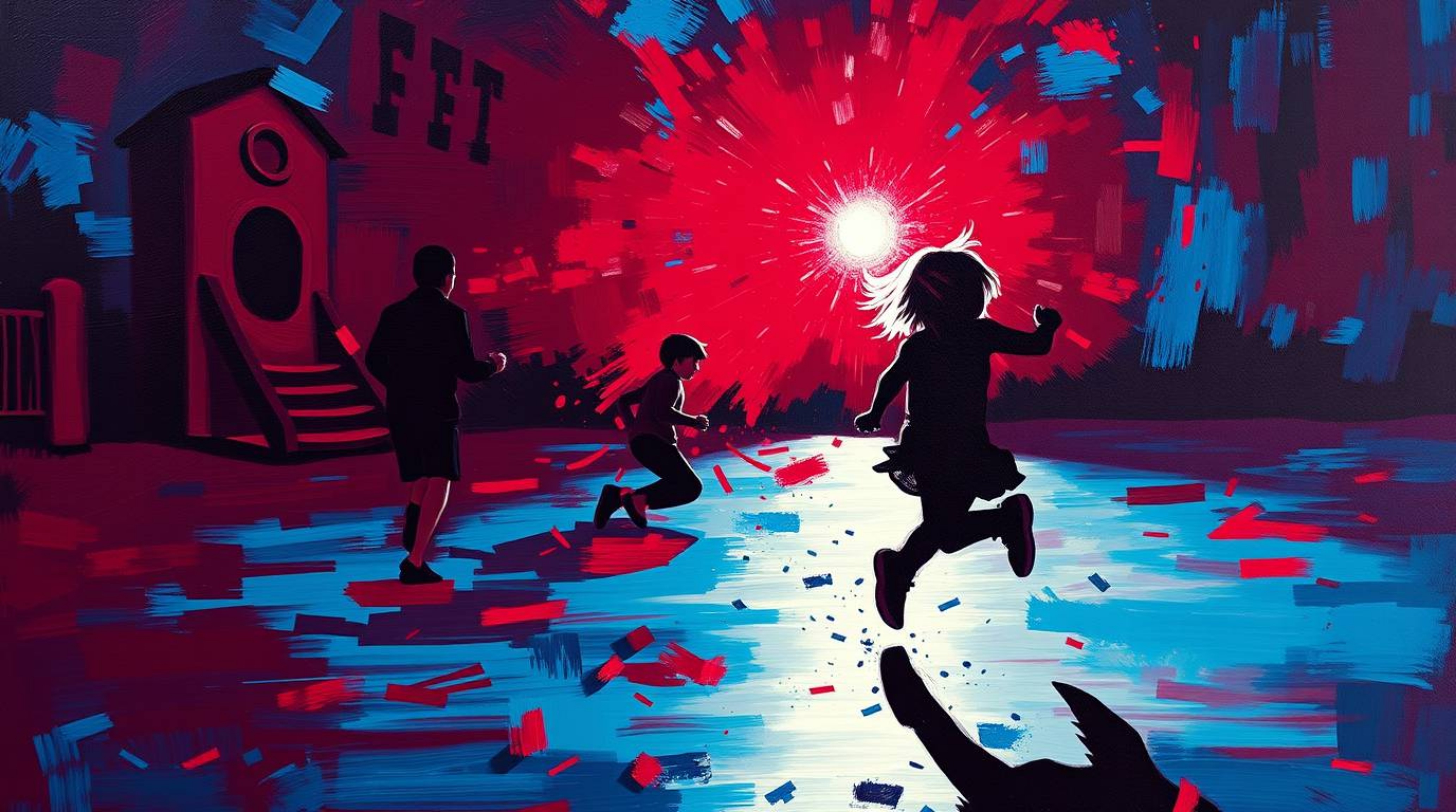A captivating acrylic painting depicts a dramatic slow-motion run through a playground.  The sophisticated and elegant style 
