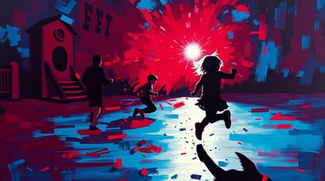 A captivating acrylic painting depicts a dramatic slow-motion run through a playground.  The sophisticated and elegant style 