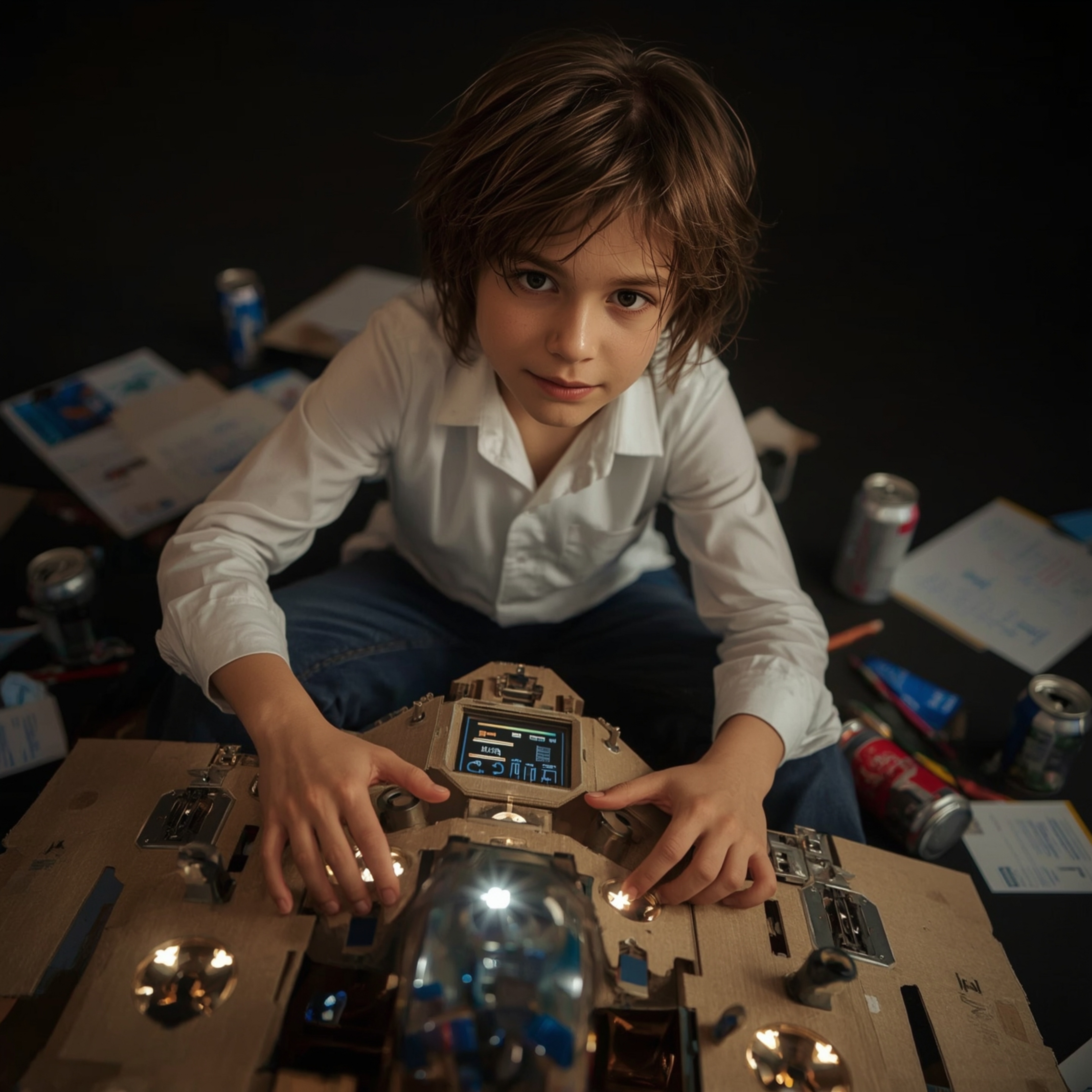 Discover exquisite high-fashion photography of a boy with bright, curious eyes building an intricately designed cardboard spa