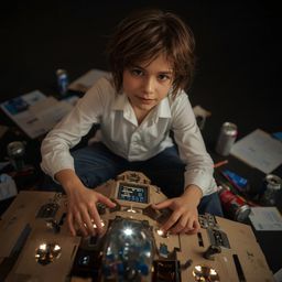 Discover exquisite high-fashion photography of a boy with bright, curious eyes building an intricately designed cardboard spa