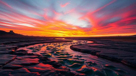 This cast bronze sculpture captures the breathtaking beauty of a winding river reflecting a dramatic orange-pink sunset. The 