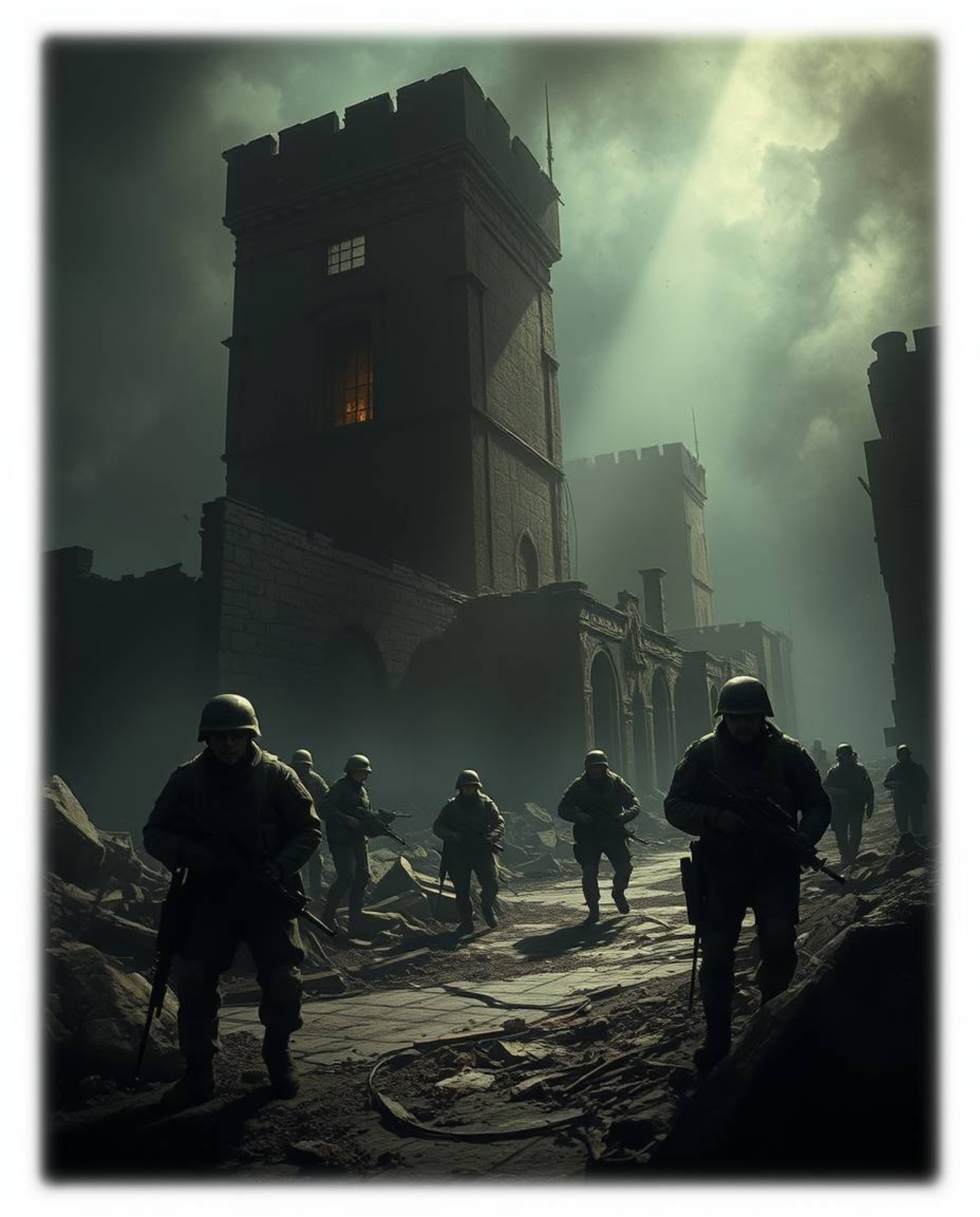 Explore a haunting battlefield where time seems to twist and turn.  Witness time-warped soldiers amidst crumbling buildings, 