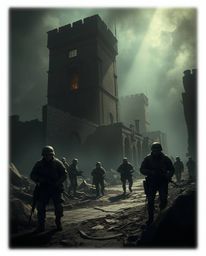 Explore a haunting battlefield where time seems to twist and turn.  Witness time-warped soldiers amidst crumbling buildings, 