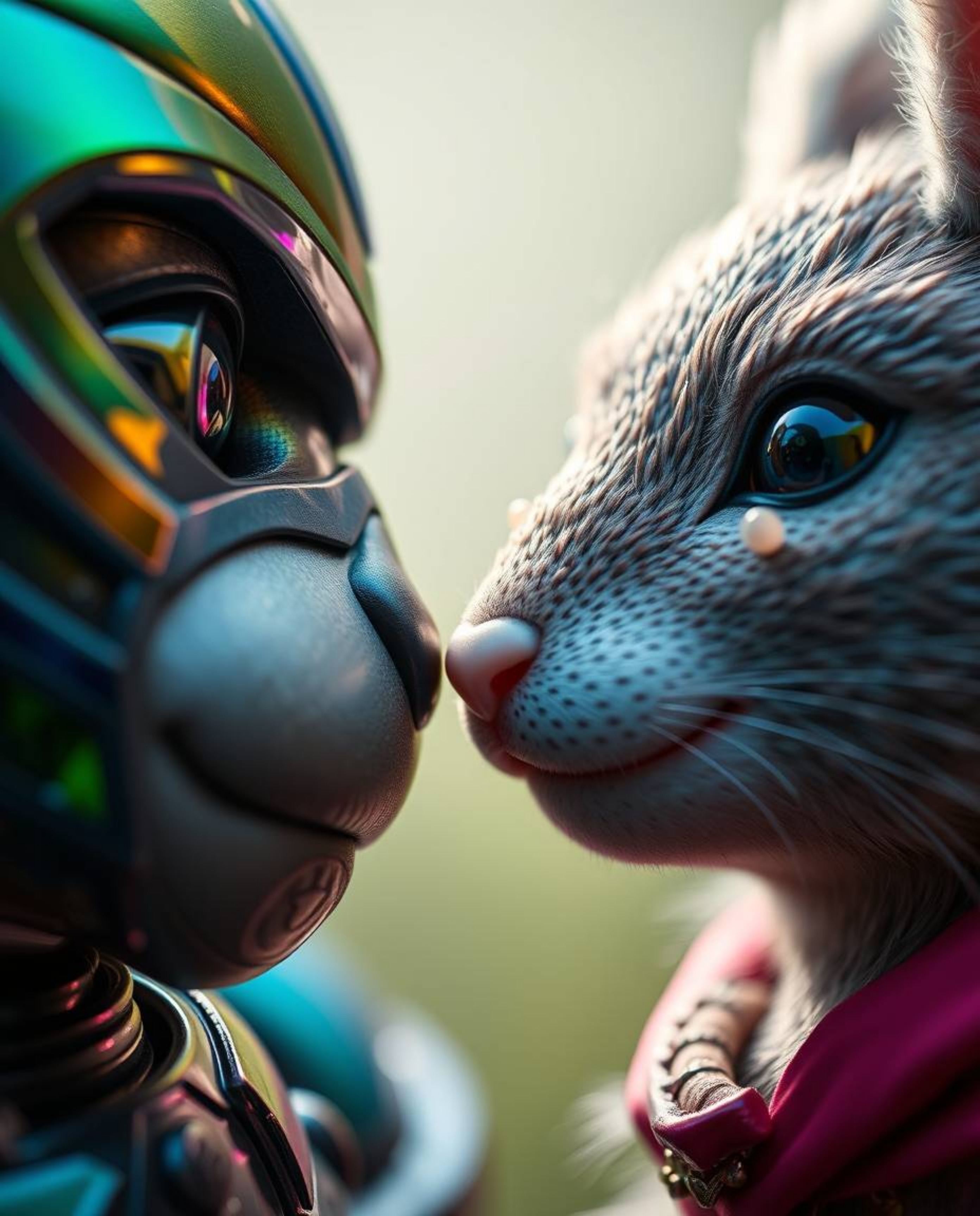 An extreme macro close-up reveals a talking animal sidekick assisting a hero on their journey. The image showcases vibrant i