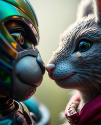 An extreme macro close-up reveals a talking animal sidekick assisting a hero on their journey.  The image showcases vibrant i
