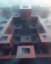 A captivating digital painting showcases a high-angle view of a repetitive Escher-style impossible geometry cube pattern.  Im