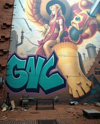 This artwork presents a grand and epic scene featuring modern, futuristic graffiti art sprayed onto a brick wall. The imagery