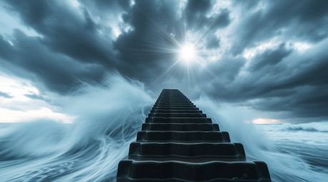 This image captures an extreme macro close-up of a dramatic ocean staircase ascending into a stormy, sunburst-lit sky. Using 