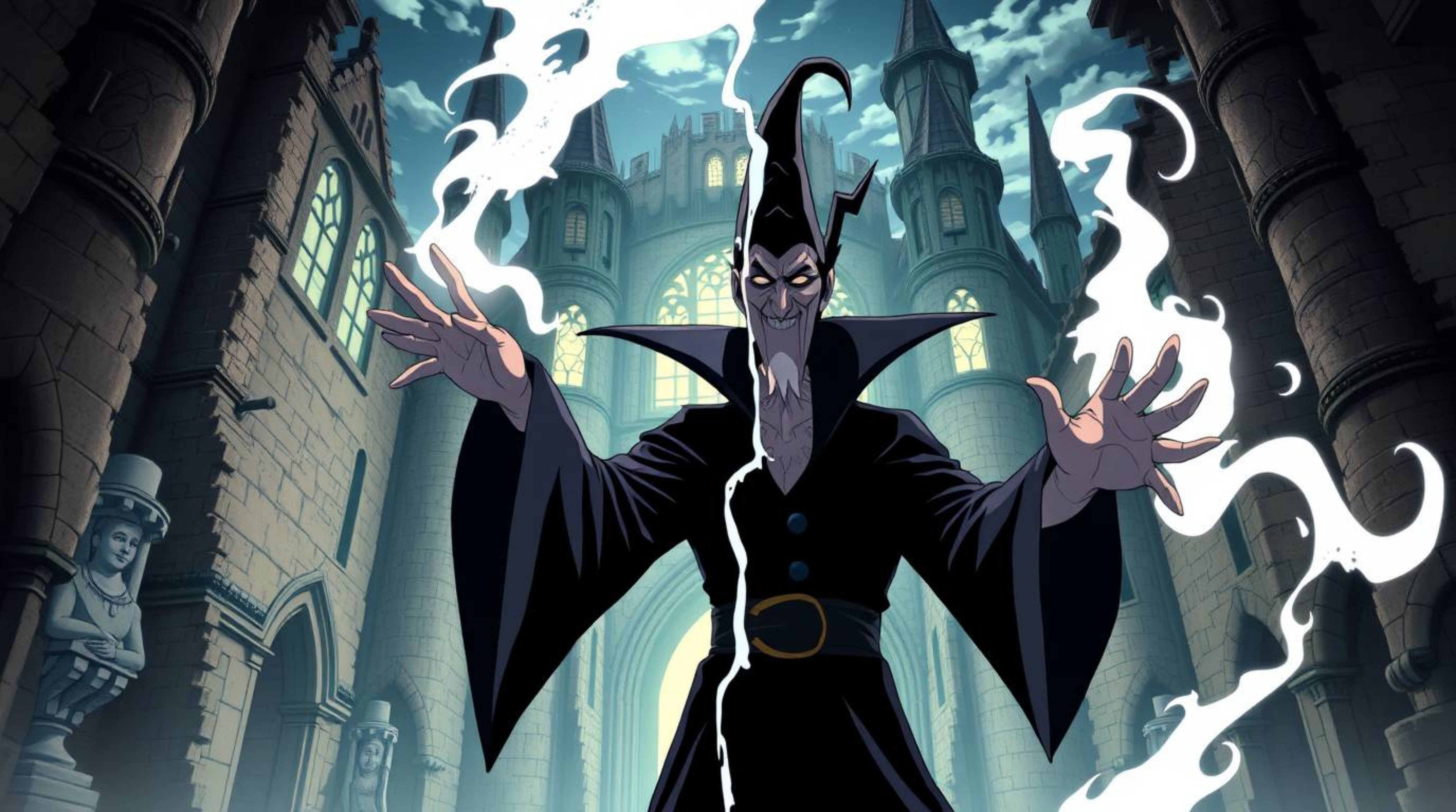 A captivating anime-style illustration depicts a classic Disney villain casting a spell within an ancient castle.  The artwor