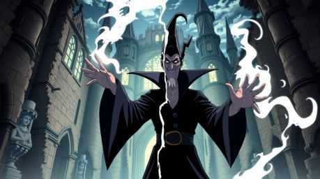 A captivating anime-style illustration depicts a classic Disney villain casting a spell within an ancient castle. The artwor