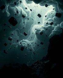 A captivating close-up image showcasing a surreal storm scene where objects defy gravity amidst swirling chaos. The scene is 