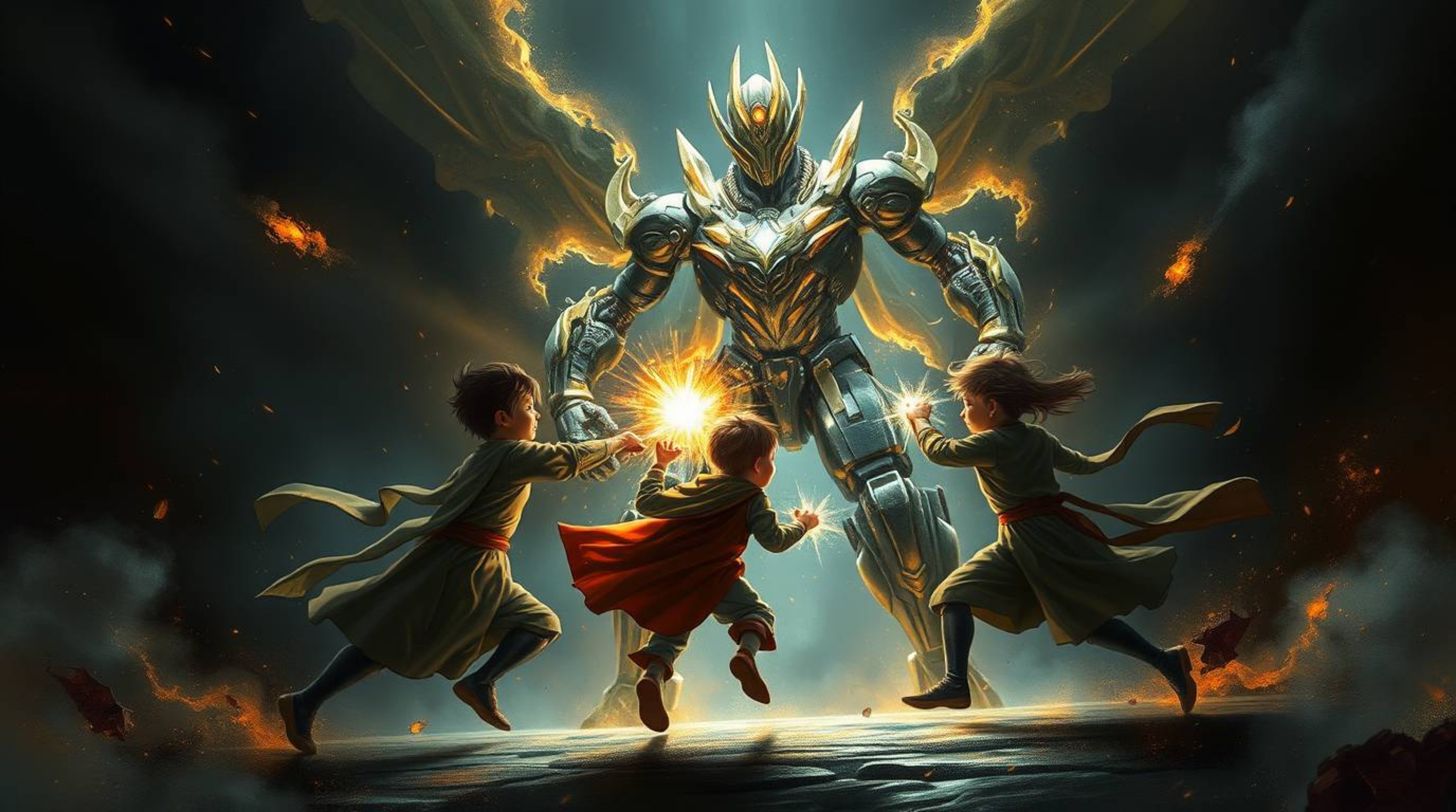 A captivating digital painting depicts three superpowered children engaged in an intense battle against a formidable robot.  