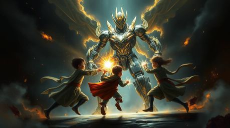 A captivating digital painting depicts three superpowered children engaged in an intense battle against a formidable robot.  