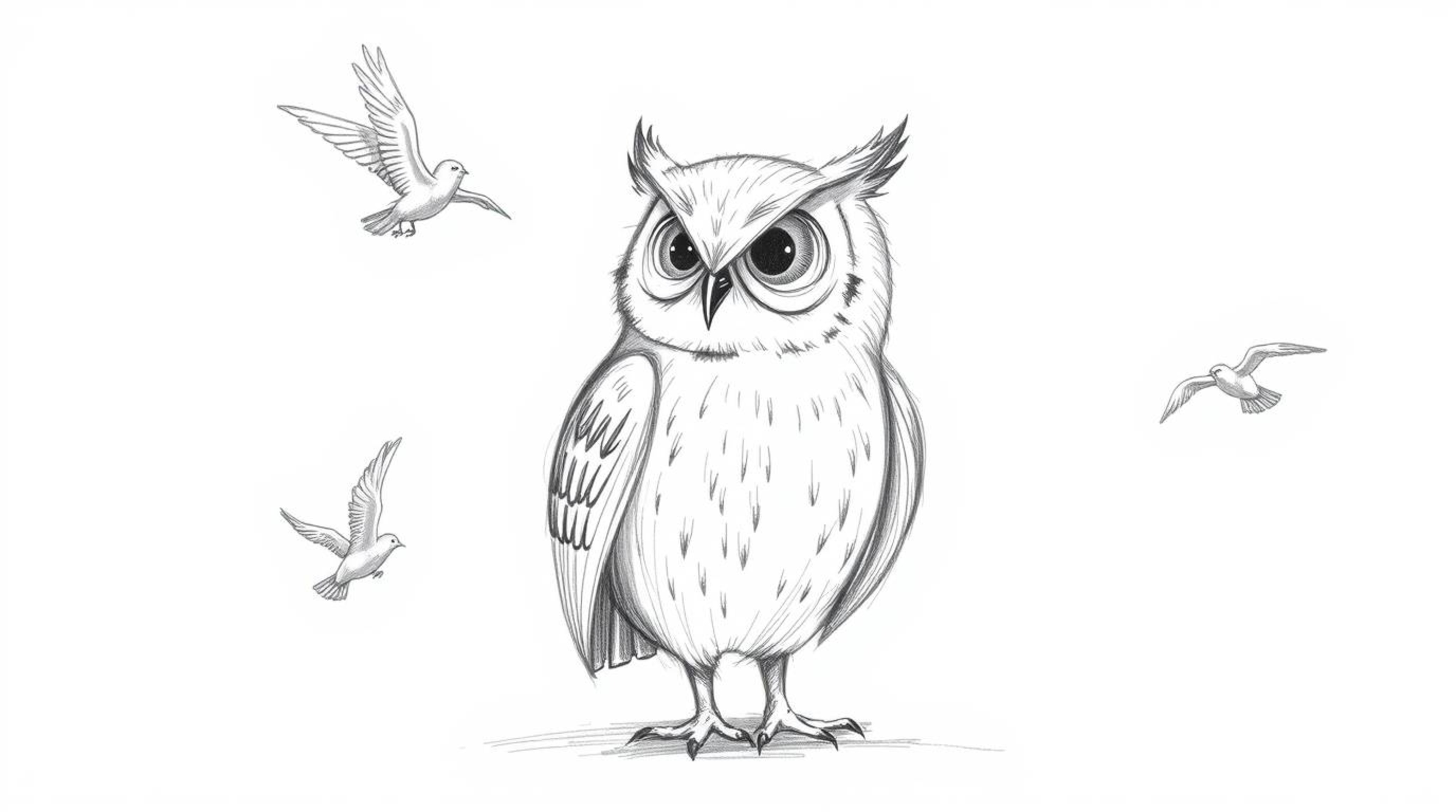 A hand-drawn sketch in the style of Pixar depicts a blind owl, rendered with textured pencil strokes, guiding other birds to 