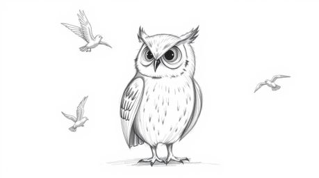 A hand-drawn sketch in the style of Pixar depicts a blind owl, rendered with textured pencil strokes, guiding other birds to 