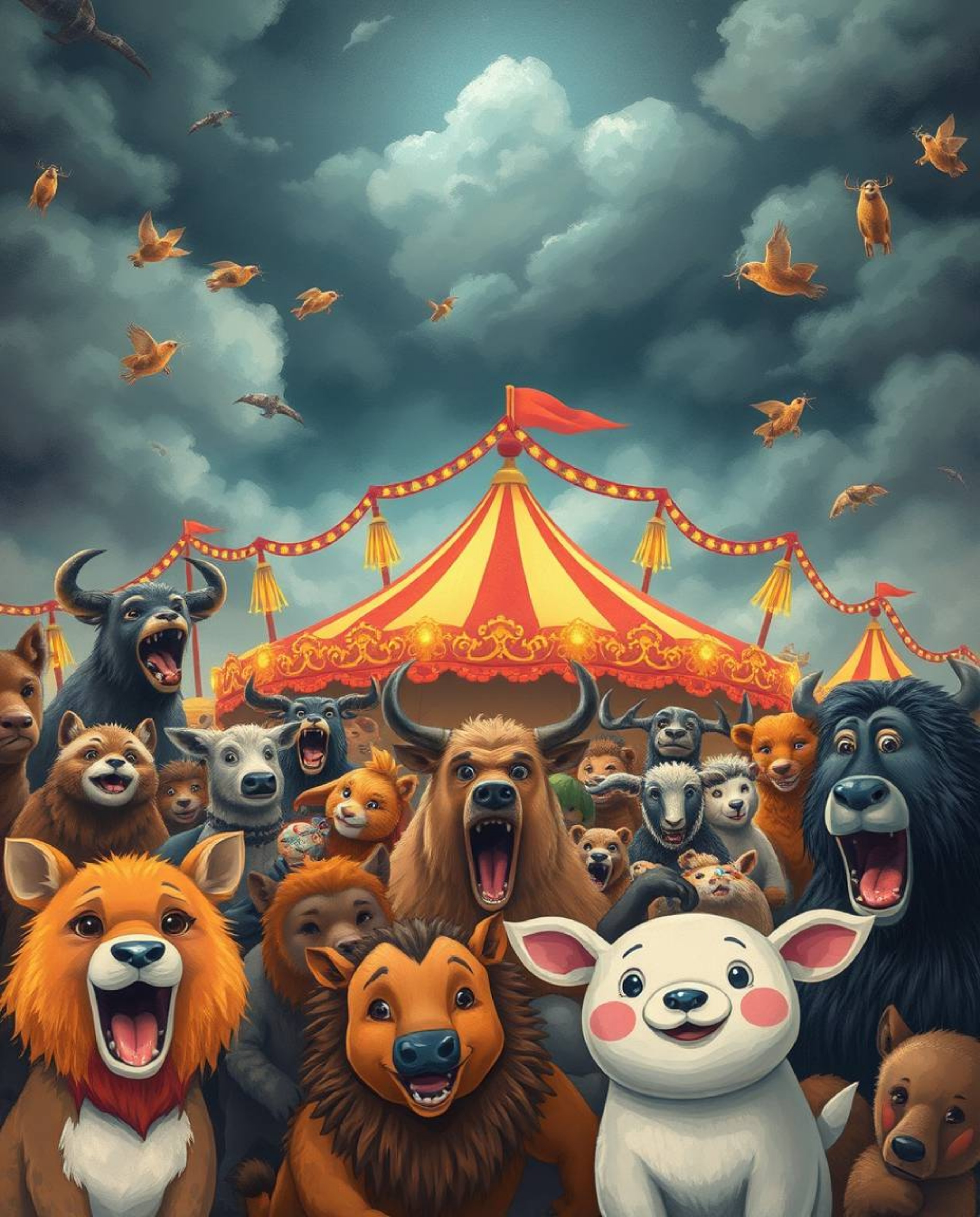 A dramatic illustration depicting a carnival overtaken by wild animals under stormy skies creates high tension. The artwork f