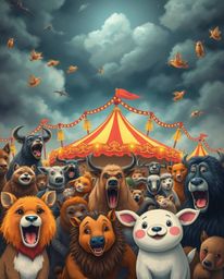 A dramatic illustration depicting a carnival overtaken by wild animals under stormy skies creates high tension. The artwork f