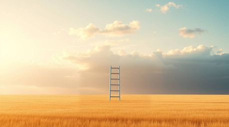 A minimalist scene featuring a silver ladder in a vast open field beneath a cloudy sky, crafted with a modern flat design and