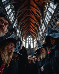 Capture the enchanting atmosphere of a magical school teeming with young wizards in a low-angle perspective. Dramatic lightin