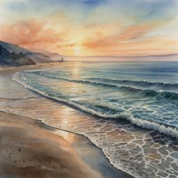 A serene watercolor painting captures the tranquility of a quiet beach at sunrise. The artwork beautifully depicts the soft,