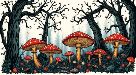 Discover a captivating traditional tattoo-style art print depicting a vintage enchanted forest.  Glowing mushrooms illuminate