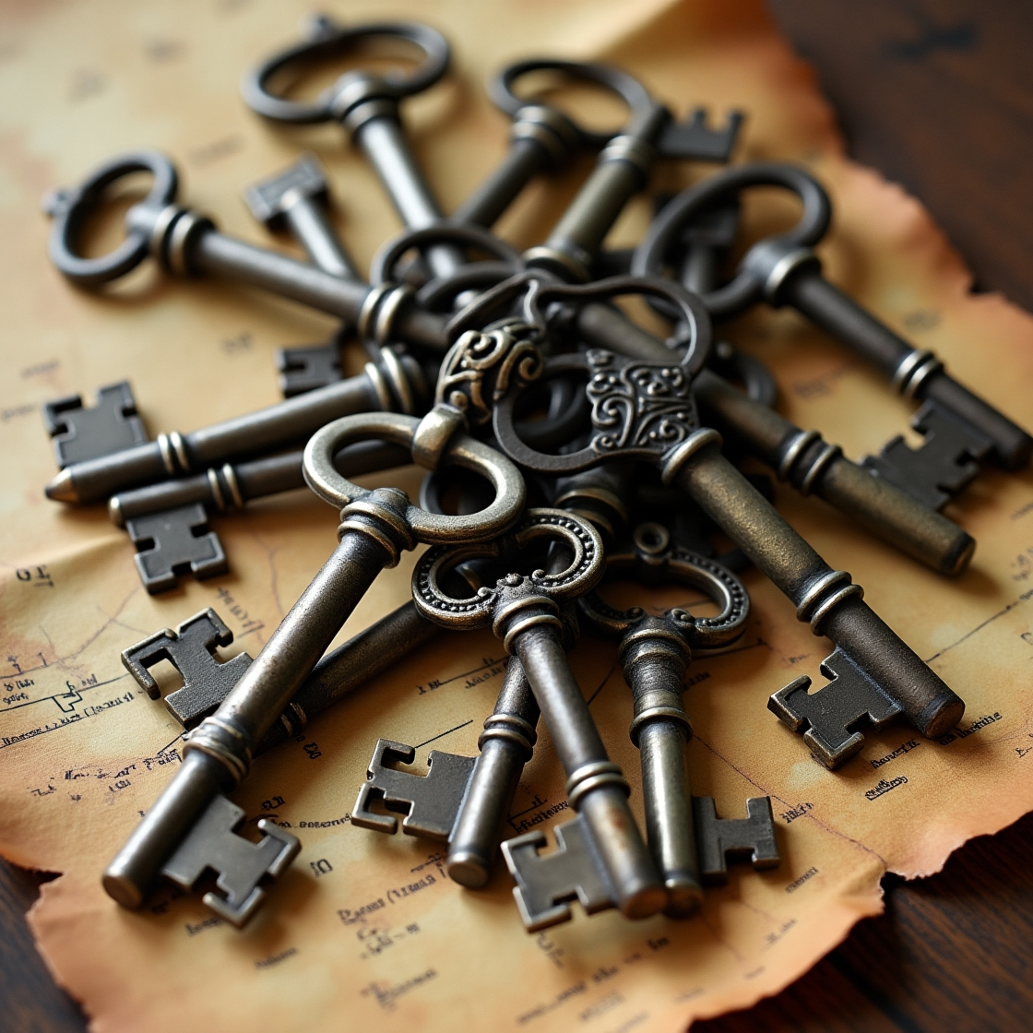 A collection of vintage keys, each with intricate designs and a rusted patina, are arranged on a worn, yellowed map. The map'