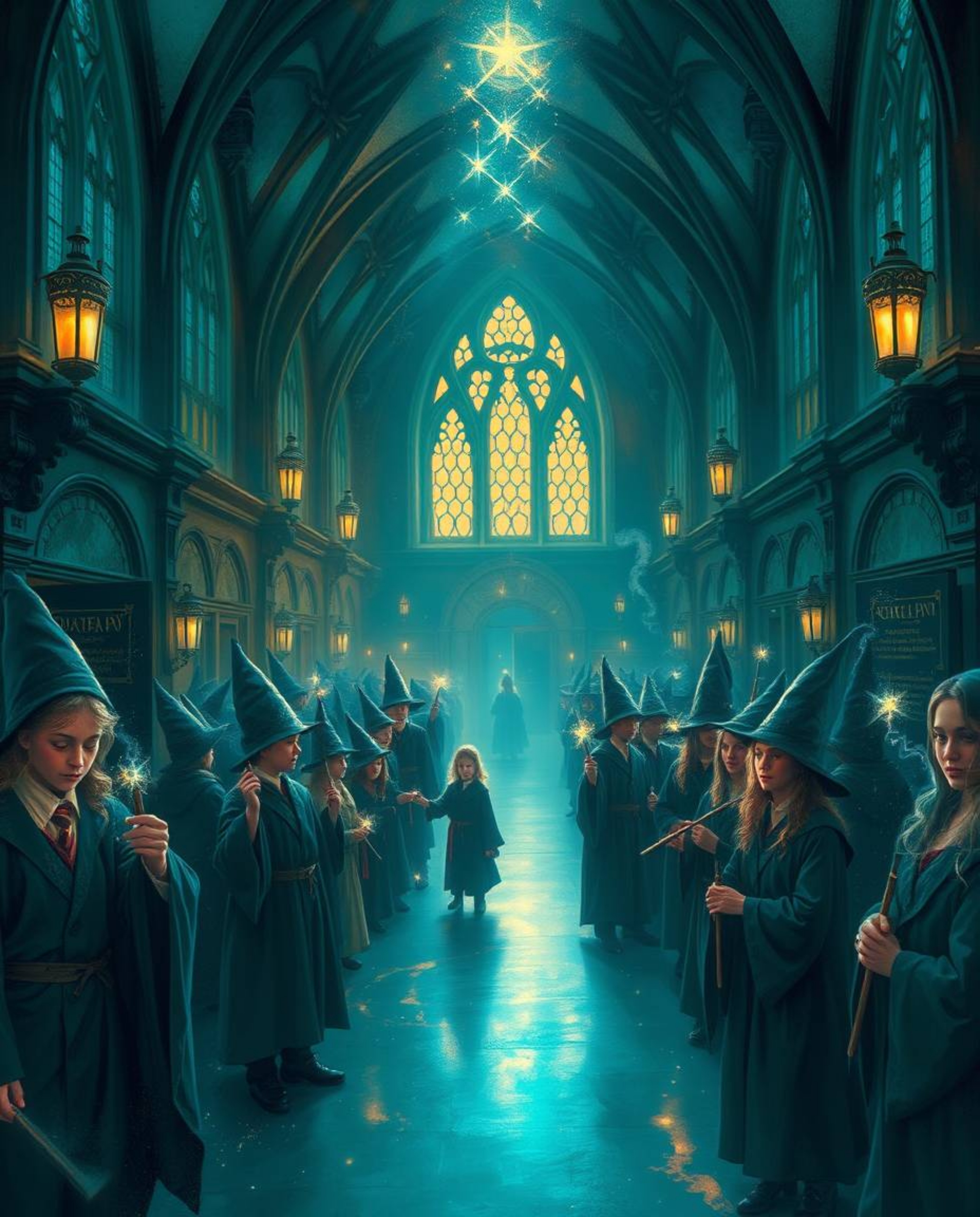 This ethereal painting captures the magic and wonder of a school filled with young wizards. Bathed in rich, deep teal tones a