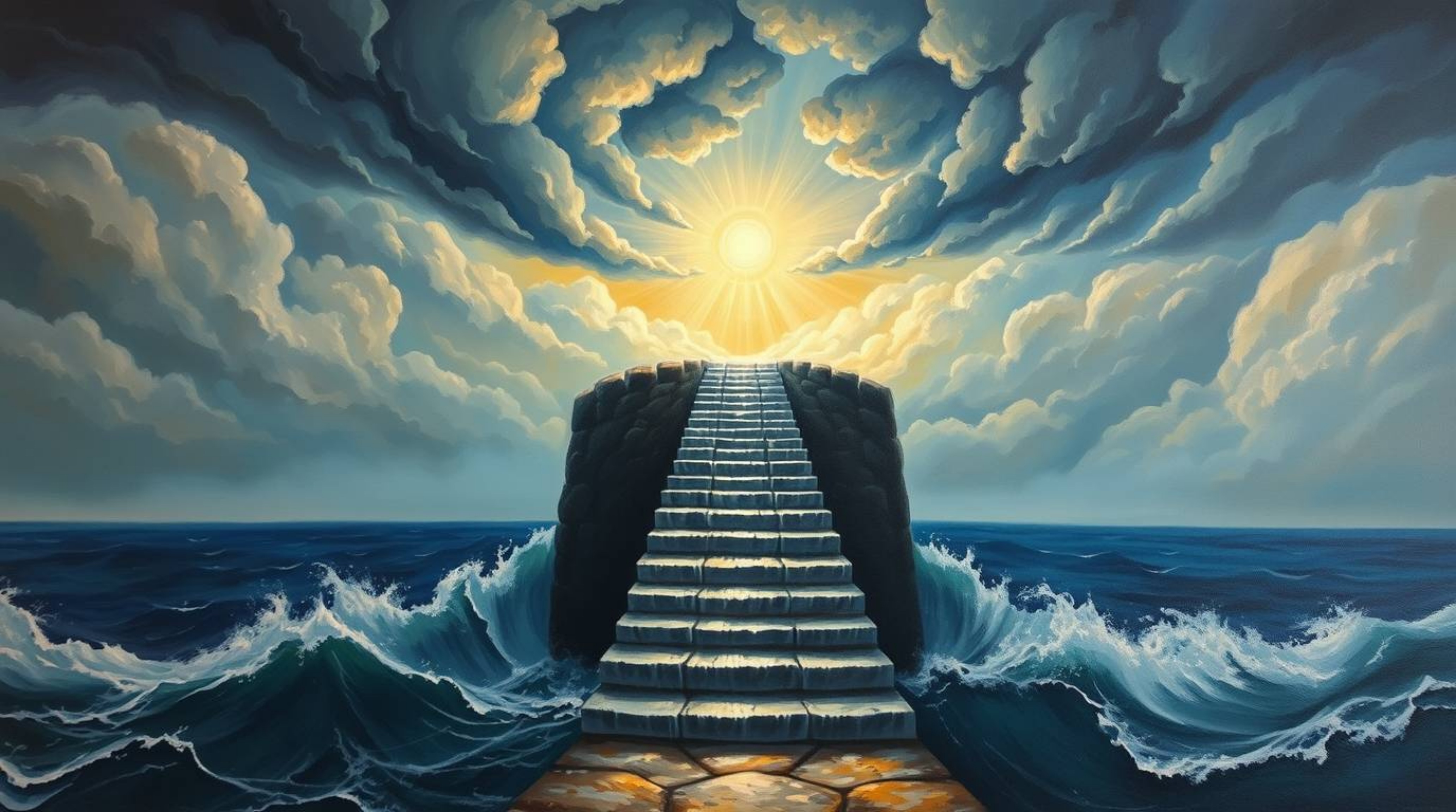 An epic and symbolic oil painting showcases a dramatic staircase ascending from the ocean towards a turbulent sky, illuminate