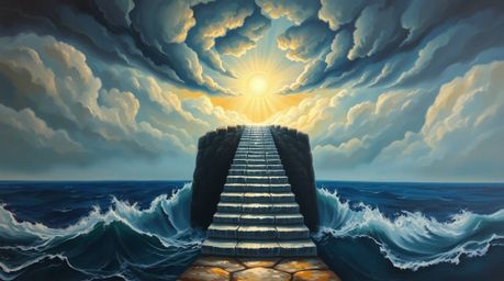 An epic and symbolic oil painting showcases a dramatic staircase ascending from the ocean towards a turbulent sky, illuminate