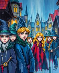 A captivating acrylic painting showcases a magical school brimming with young wizards. Vibrant colors, textured brushstrokes