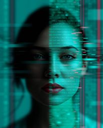 A captivating digital art piece showcasing a human face morphing into a data stream.  The image utilizes a striking blurred b