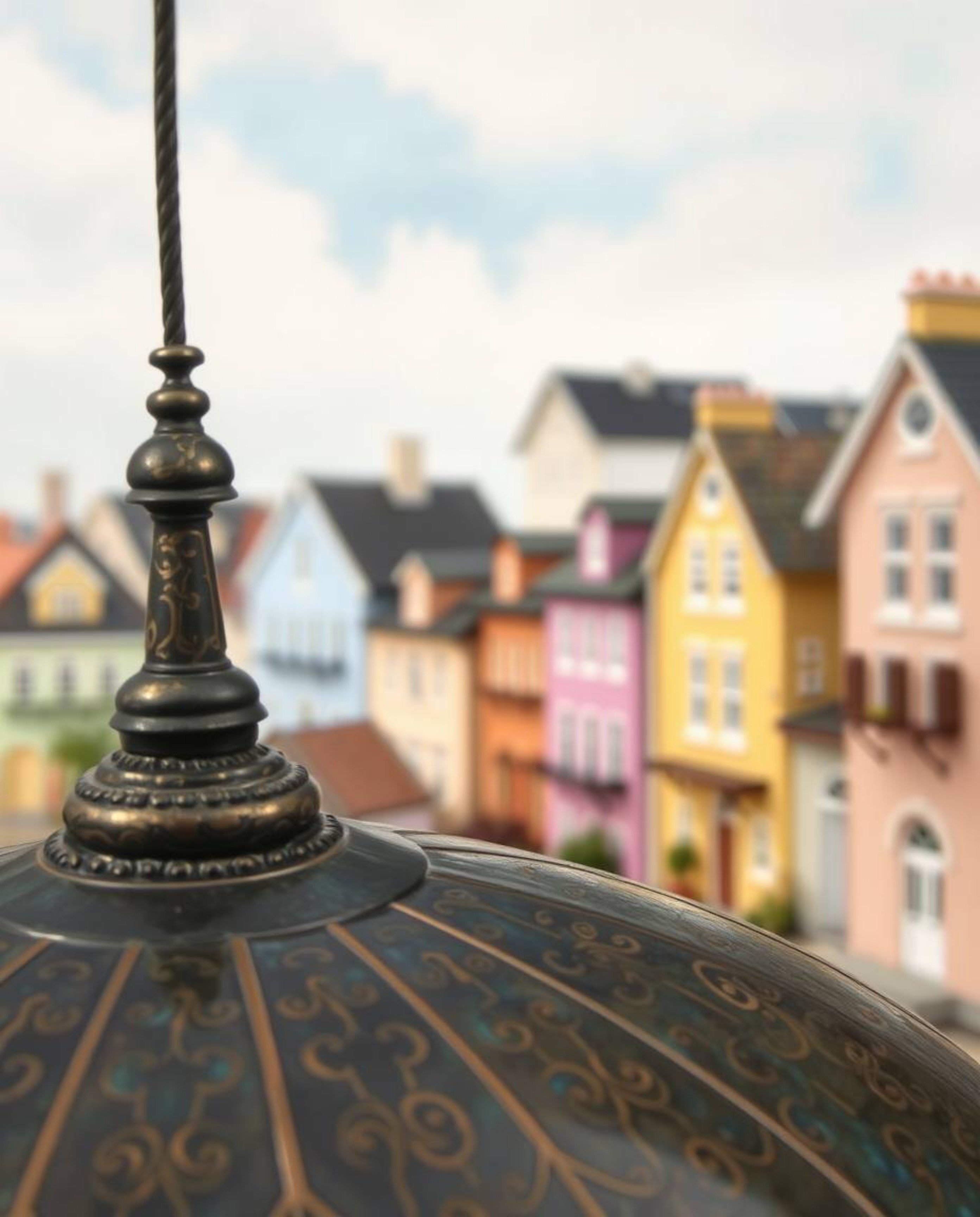 A captivating close-up shot depicting a sleepy town rendered in a delightful watercolor style. The scene features charming pa