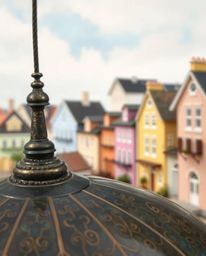 A captivating close-up shot depicting a sleepy town rendered in a delightful watercolor style. The scene features charming pa