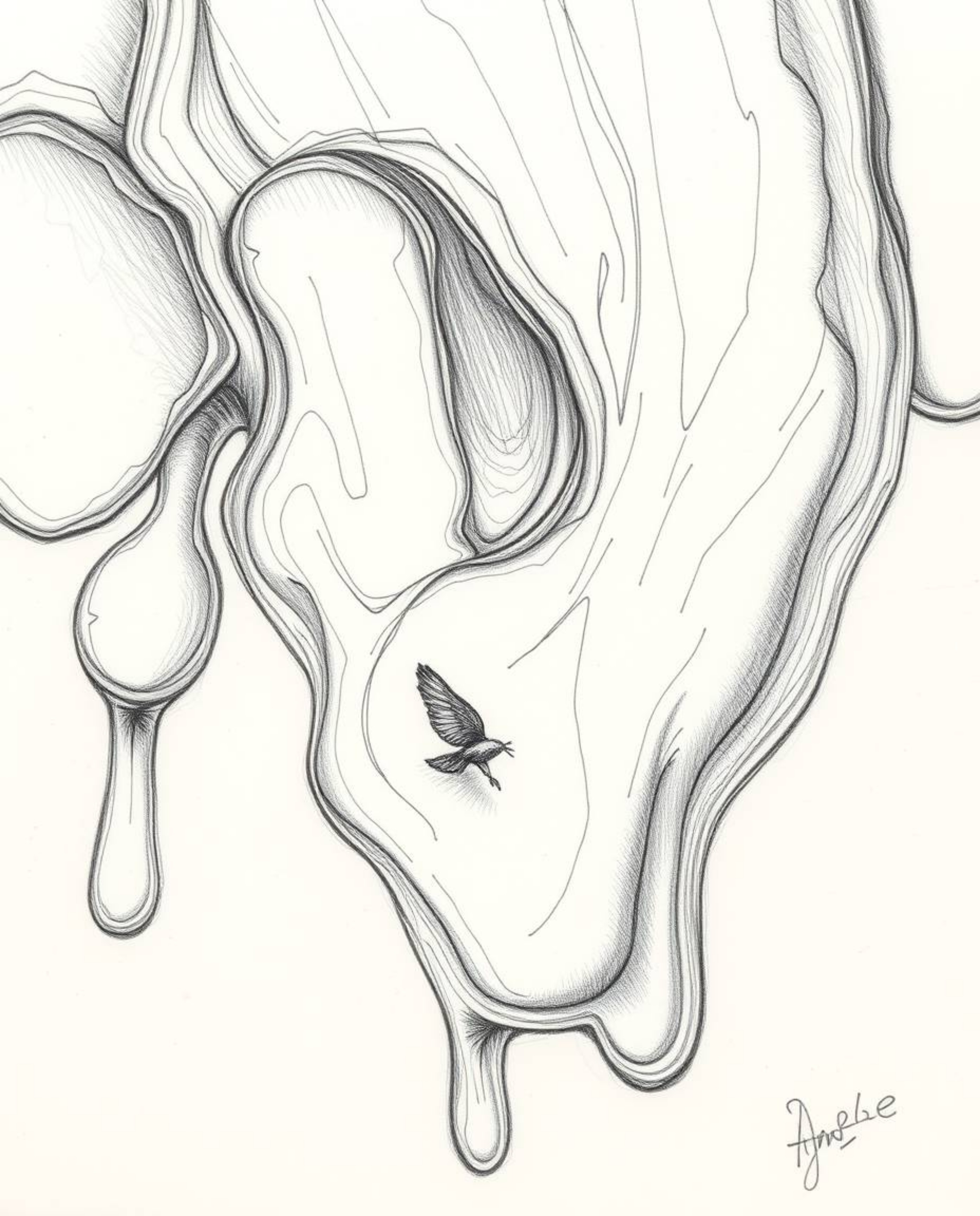 Explore a hand-drawn, extreme close-up pencil sketch showcasing surreal 3D fluid shapes reminiscent of melted glass, rendered