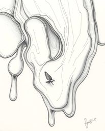 Explore a hand-drawn, extreme close-up pencil sketch showcasing surreal 3D fluid shapes reminiscent of melted glass, rendered