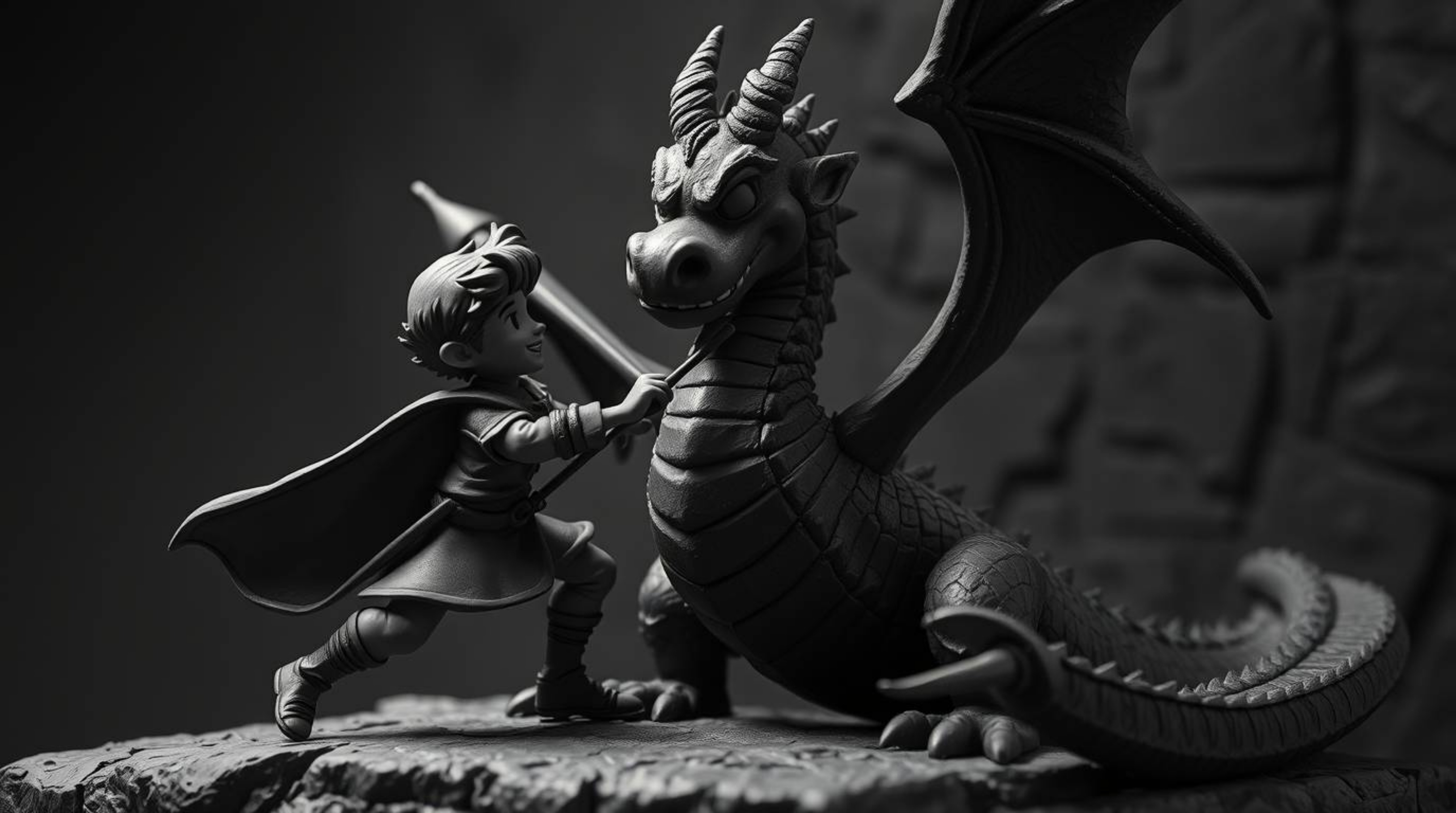 A captivating clay sculpture depicts a charming prince battling a fierce dragon, rendered in a striking 1950s animation style