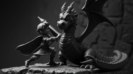 A captivating clay sculpture depicts a charming prince battling a fierce dragon, rendered in a striking 1950s animation style