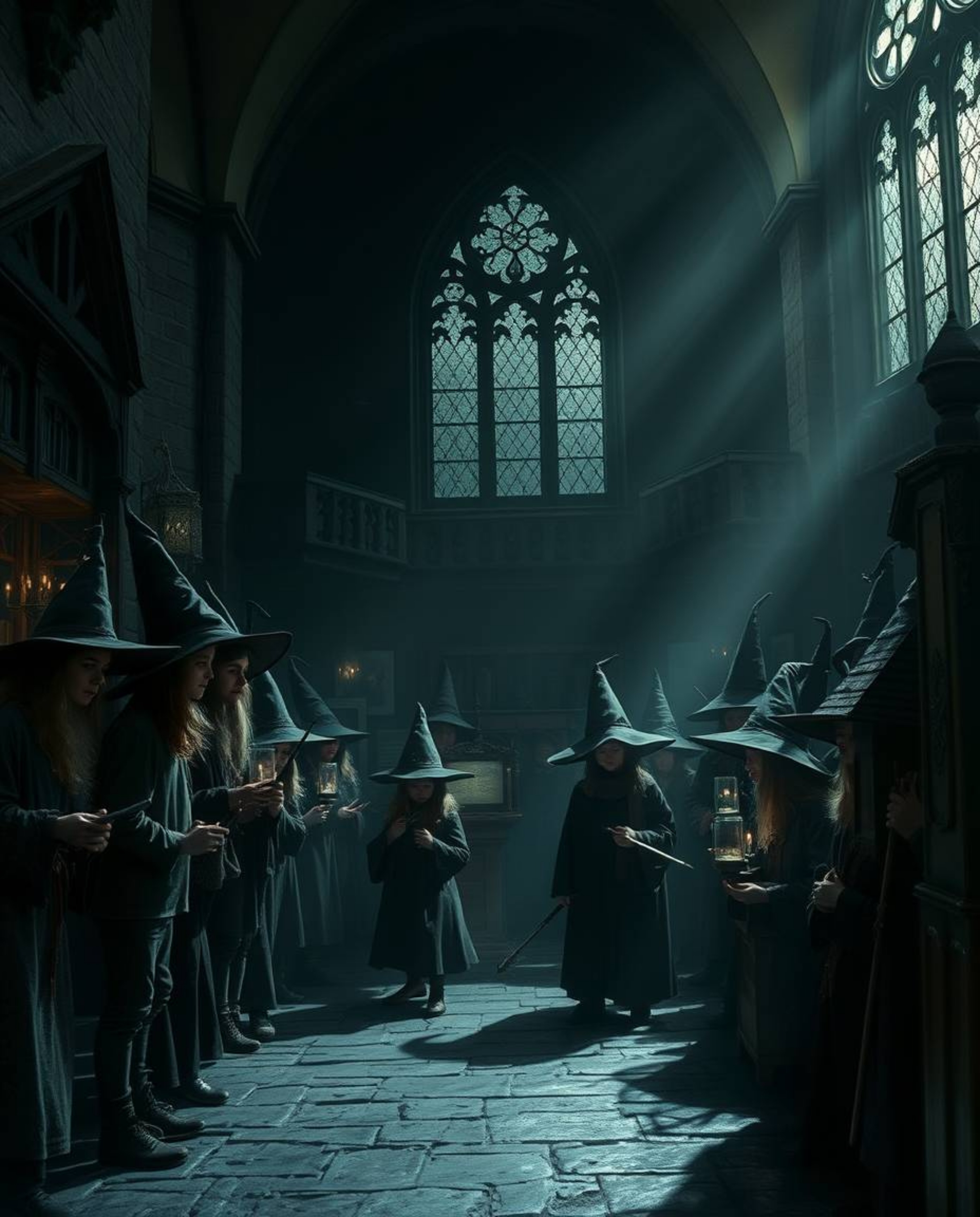 A magical school teeming with young wizards is brought to life with a strong, moody style, heavily emphasizing contrasting ch
