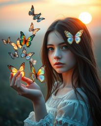 A captivating image of a girl with long, dark hair releasing iridescent butterflies into a dreamlike, surreal golden hour sce