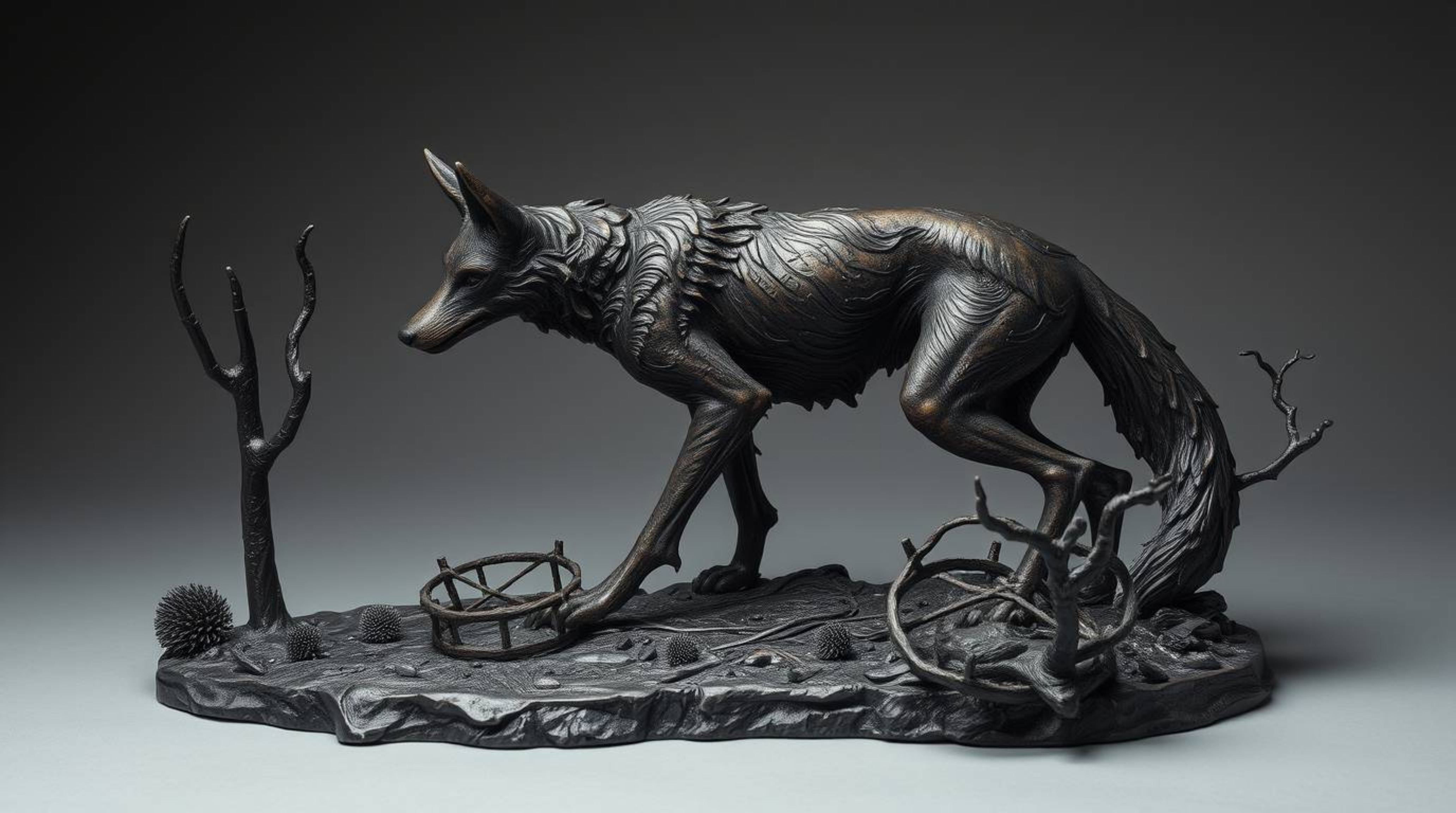 A bronze sculpture depicting a coyote meticulously setting a desert trap, emanating an unsettling and eerie atmosphere. The s