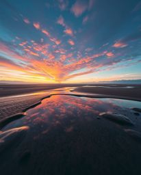 From a high-angle perspective looking down, a sunset sky is mirrored in the tidal pools of a beach, creating a mystic and enc